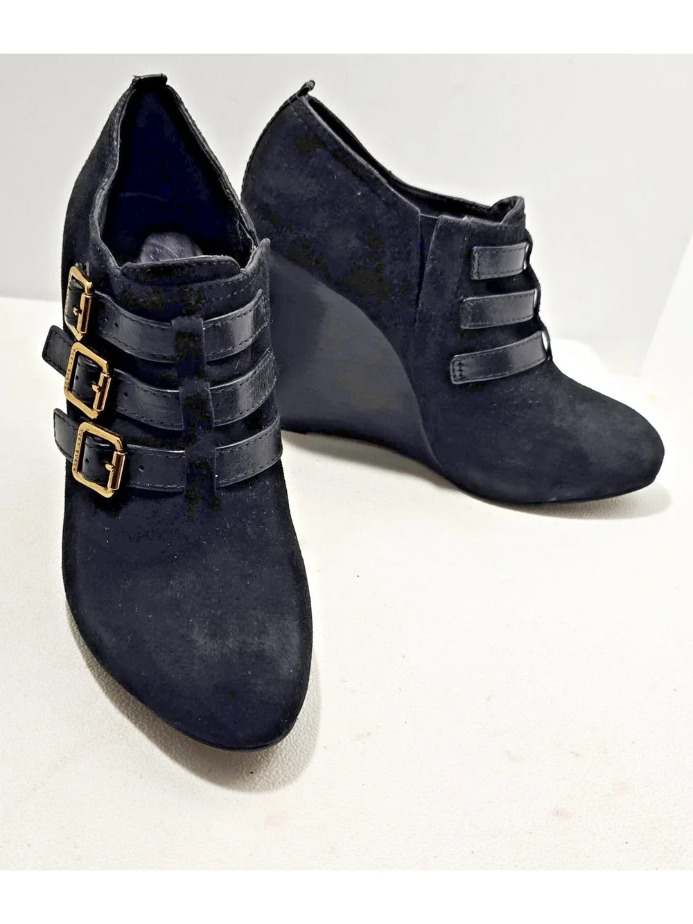 Tory Burch Womens Gabrielle Black Suede Wedge Ankle Boots Buckles 9 M